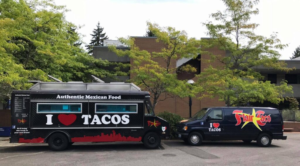 This black taco truck of Flair Taco offers delicious tacos in the street of Seattle