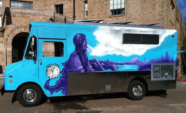This blue taco truck of Off the Rez offers Native American cuisine in the streets of Seattle