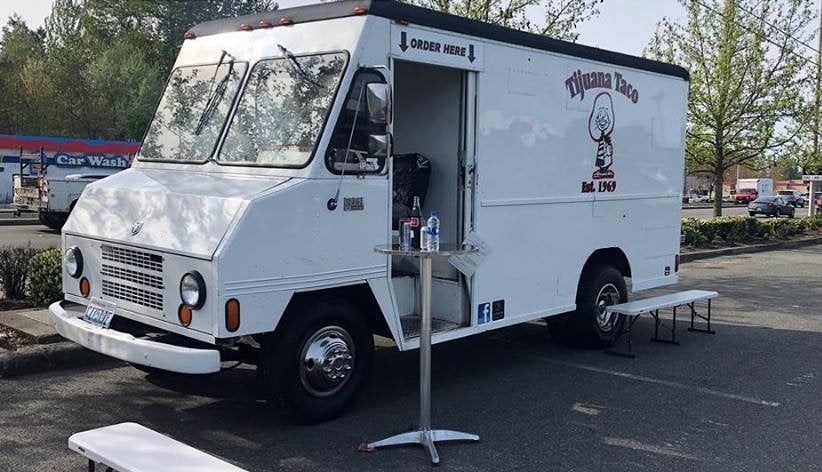 This white Tijuana Taco Truck parked in the street of Seattle offers classic dishes